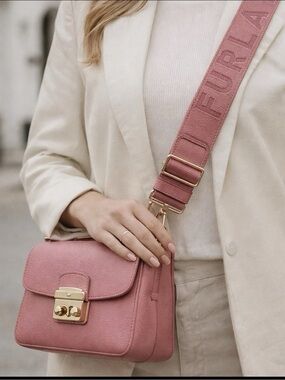 FURLA DESIGNER LOGO STRAP 2” WIDE CANVAS CROSSBODY SHOULDER STRAP PURPLE OR PINK